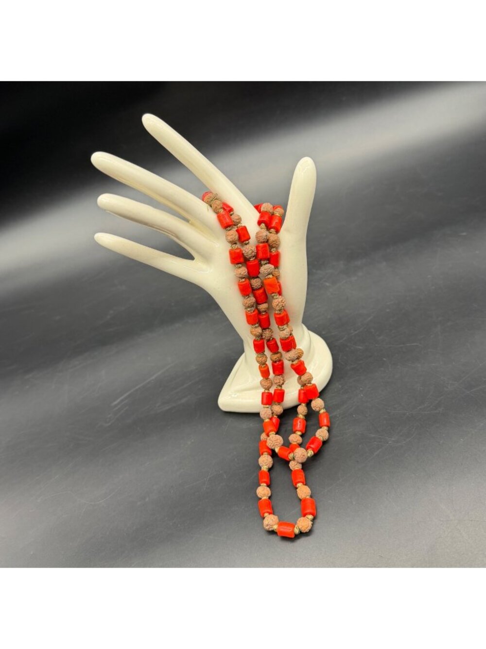 Rudraksha Bead and Coral Necklace Handmade Boho Jewelry Red Brown Earthy Rustic